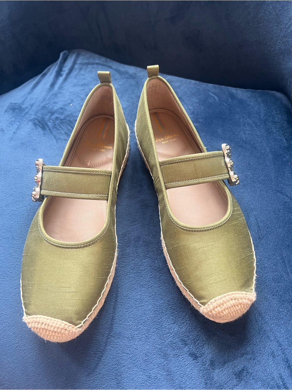 Sam Edelman Olive Green Mary Jane Espadrilles with Jeweled Buckle